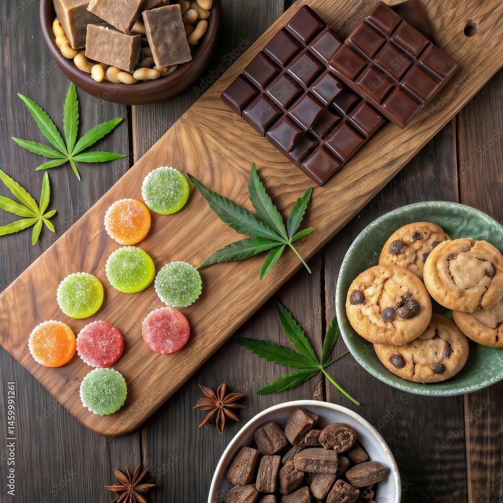 Cannabis edibles assortment. Variety of marijuana-infused treats including colorful gummies, chocolate bar, cookies and fudge displayed on wooden boards with cannabis leaves.