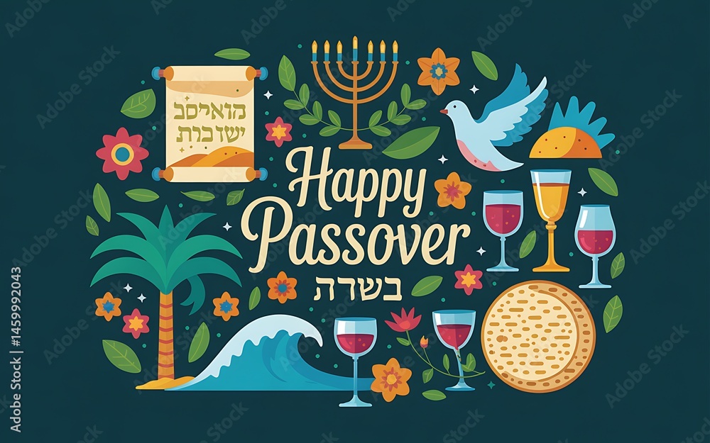 Obraz premium Passover vector illustration featuring a circular arrangement of traditional symbols including menorah, matzah, wine glasses, Hebrew text dark teal background representing the Jewish holiday of Pesach