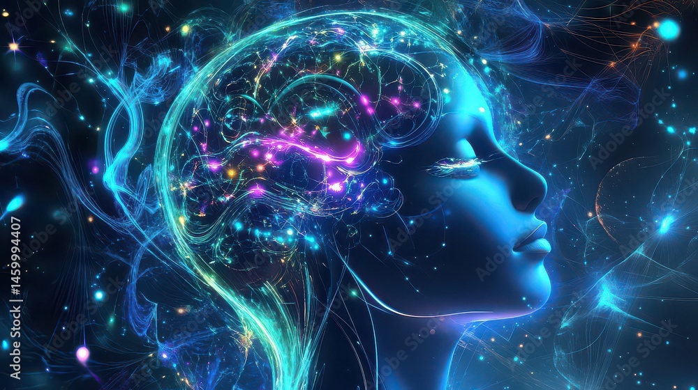 Fototapeta premium Abstract image of a woman's head with glowing brain and cosmic light effects