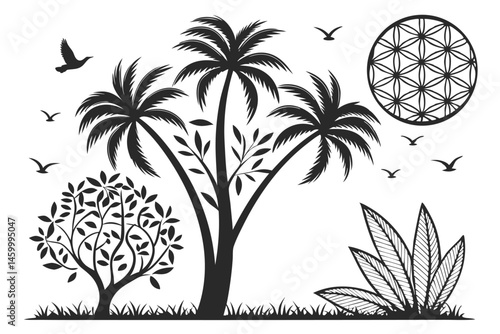 48 Black and white illustration, silhouette trees, stylized palm trees, geometric foliage, symmetrical design, minimalist art, graphic vector style, tree of life motif, abstract nature symbols, iconic