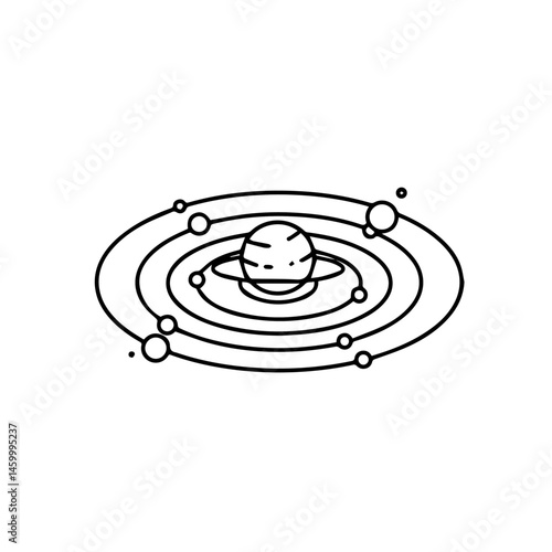 Simple solar system graphic with planet and orbiting satellites.  Detailed illustration shows planet with rings and multiple moons in elliptical orbits. This educational design is perfect for science