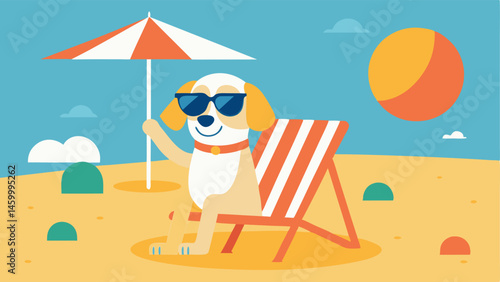 Rescue Ready A playful dog with floppy ears wearing sunglasses and a lifeguard cap. The dog sits on its lifeguard chair one paw raised in a signal of alertness. In the background