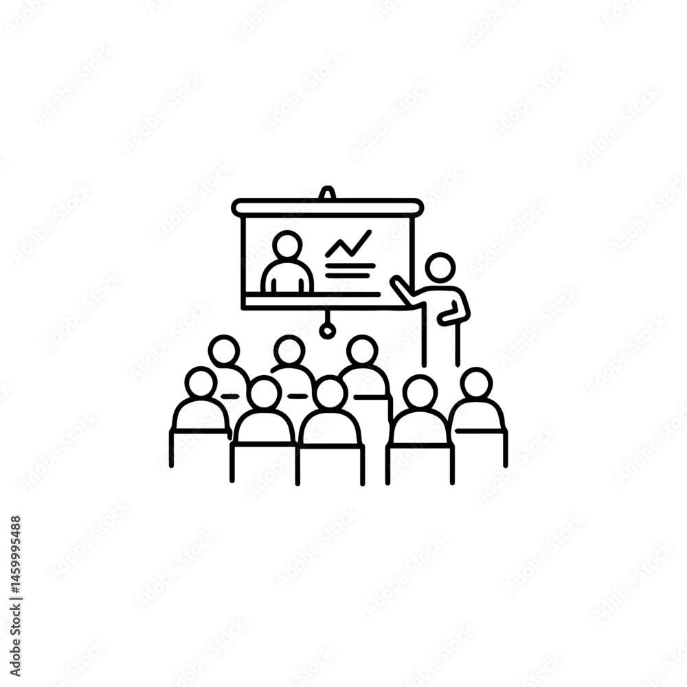 Simple presentation with speaker and audience. Class lecture includes teacher showing charts on projector screen. Students attentively listen during educational seminar. This presentation is perfect Simple presentation with speaker and audience. Class lecture includes teacher showing charts on projector screen. Students attentively listen during educational seminar. This presentation is perfect
