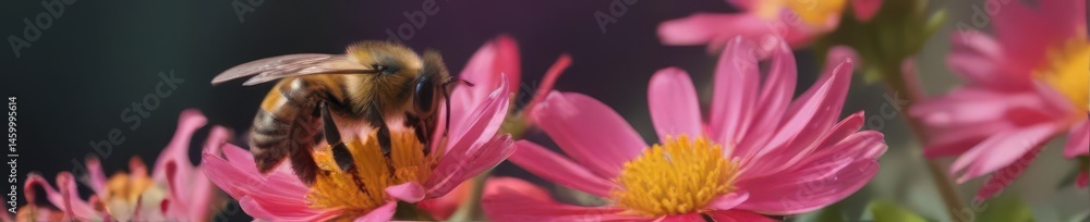 Naklejka premium A busy bee gathers nectar from a vibrant bloom , nature, leaf