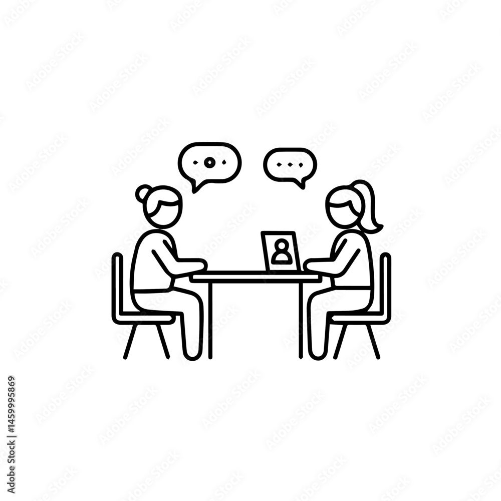 Two people discussing ideas at a table with a laptop background Two people discussing ideas at a table with a laptop background