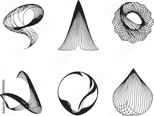 A set of vector elements, modern flat design with intricate black lines and futuristic aesthetics of sharp angles and smooth curves, simple two-dimensional shapes, soft dreamy atmosphere and high tech
