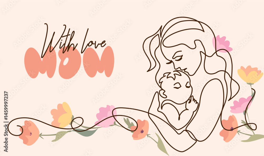 Happy Mother day card. Continuous one line drawing. Woman hold her baby Happy Mother day card. Continuous one line drawing. Woman hold her baby
