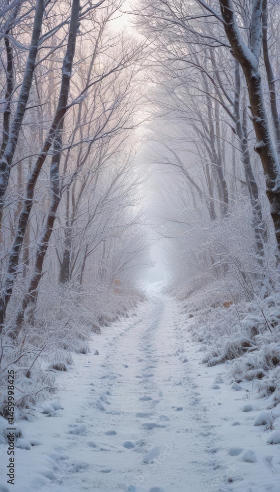 Obraz premium Icy path winds through frosted woodland, sparkling snow, white, forest, nature
