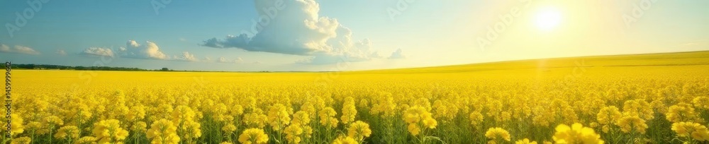 Obraz premium Vast field of vibrant yellow canola blossoms under sunny sky, vibrant, bloom