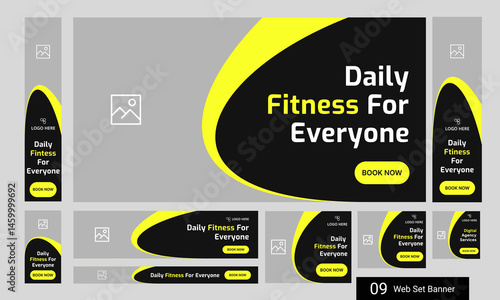 Trendy body fitness services web bundle banner design for social media post, daily exercise methods web set banner design, fully customizable vector eps 10 file format