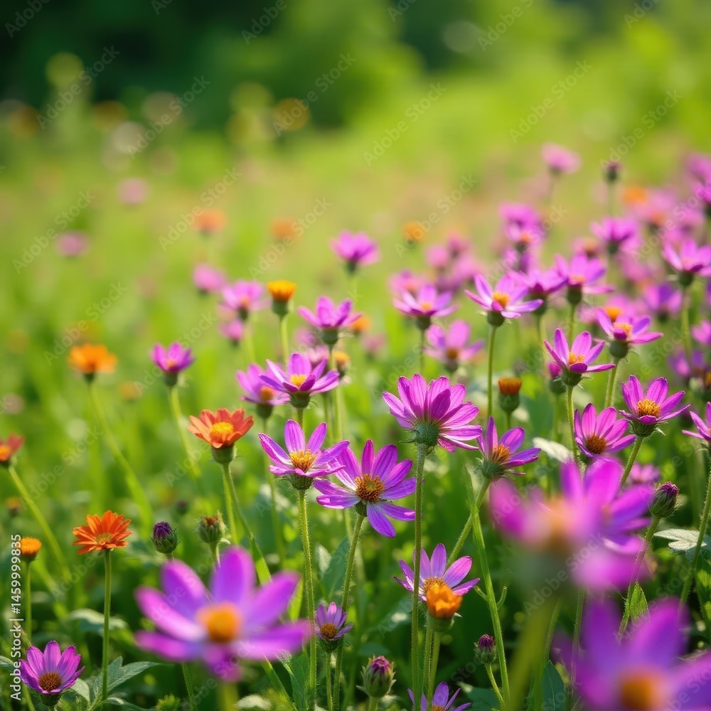 Vibrant purple & pink wildflowers carpet a sunny field , landscape, summer, pink flowers