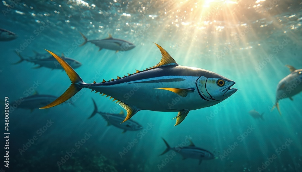 Naklejka premium School of tuna fish swimming in deep blue ocean. Underwater photo captures marine life. Tropical fish, blue water, sunlight rays. Ideal background for marine biology, oceanography, environment topics.