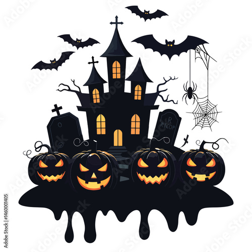 Dark Halloween Silhouette Design with Haunted House and Spiders