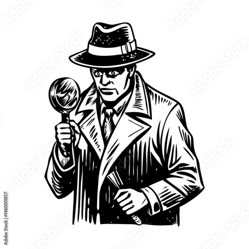 Detective character illustration in vintage sketchy style