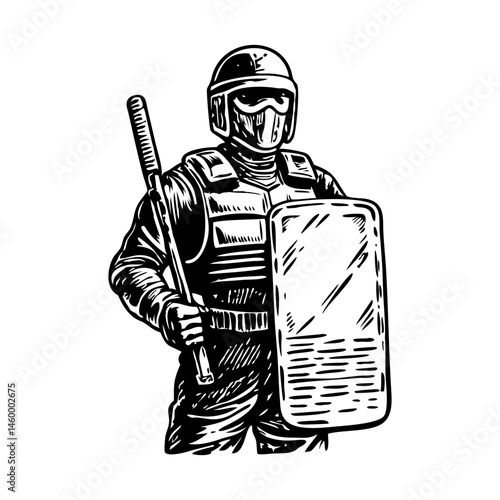 A vintage illustration depicting riot office holding shield and baton 