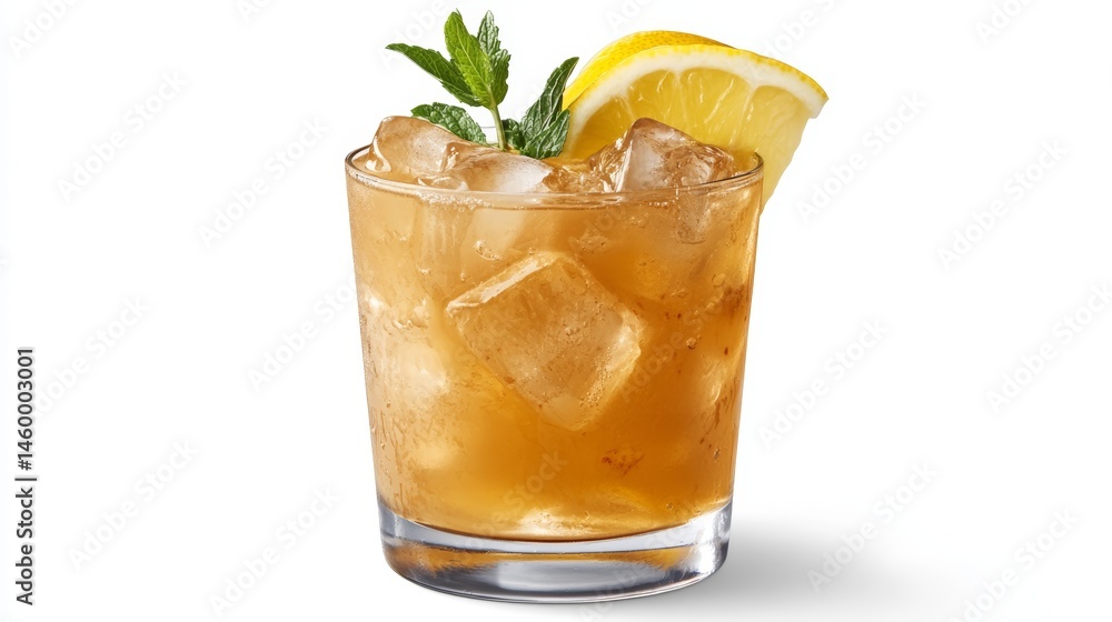 Close up view of a refreshing glass of lemonade with ice cubes and mint leaves showing condensation detail Close up view of a refreshing glass of lemonade with ice cubes and mint leaves showing condensation detail