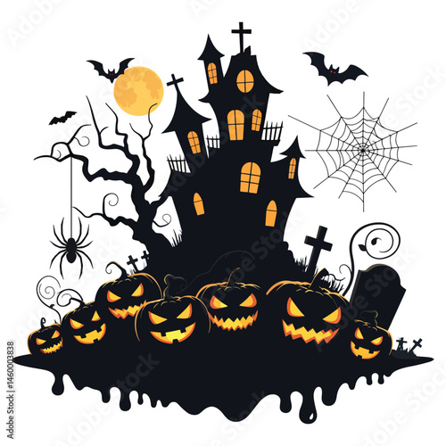 Dark Halloween Silhouette Design with Haunted House and Spiders