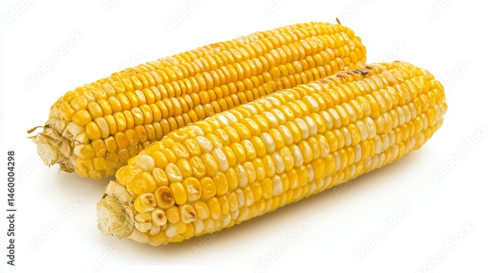 Grilled Corn on the Cob with Golden Crispy Texture Coated in Melted Butter on a Clean White Background Grilled Corn on the Cob with Golden Crispy Texture Coated in Melted Butter on a Clean White Background