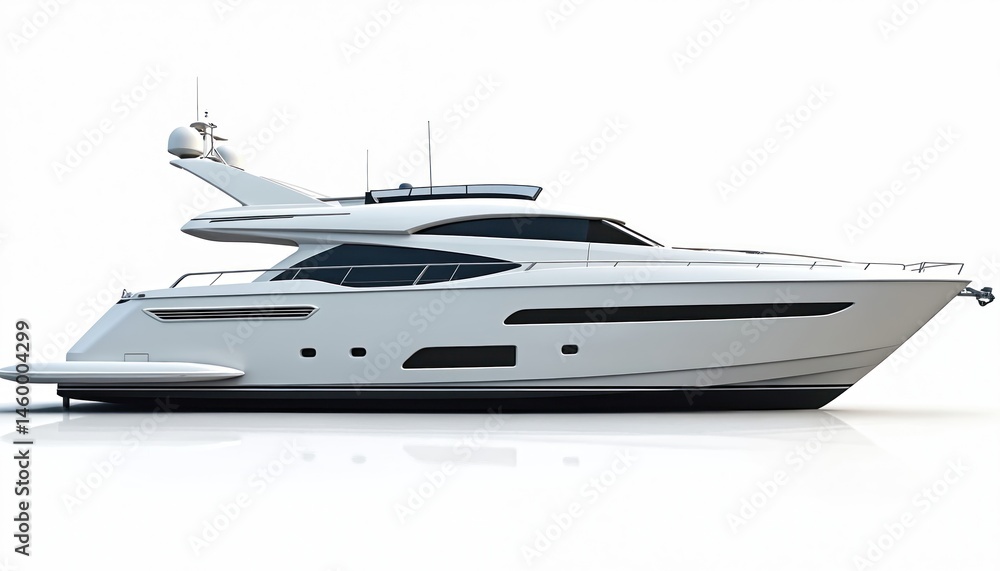 Naklejka premium Motor yacht isolated white background. Luxury boat sea travel. Modern expensive vessel, summer vacation. Aerial view of marine transport. Coastal holiday concept.