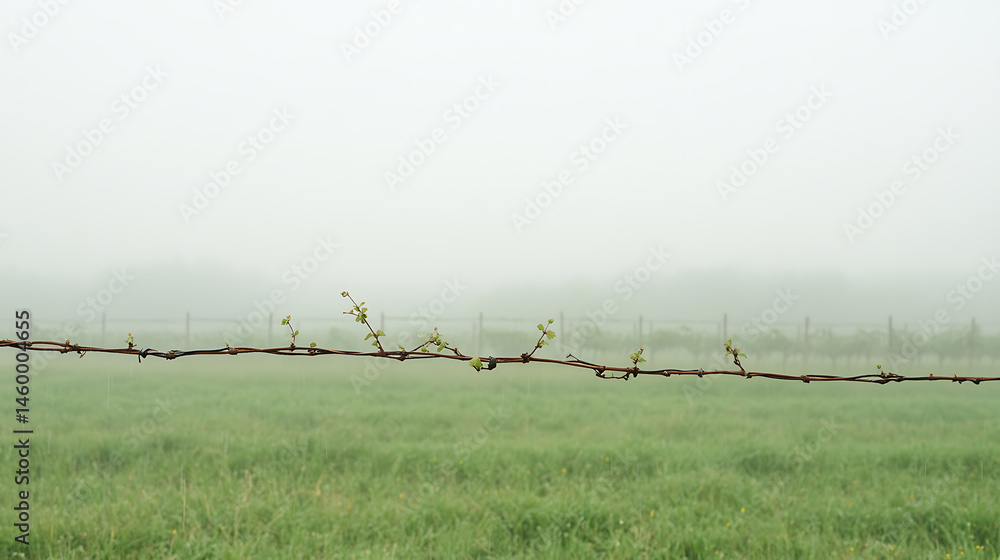Obraz premium Barbed wire fence in a field, shrouded in morning mist. Green sprouts emerge. Serene scene evokes quiet, peaceful rural life. A hint of new beginnings.