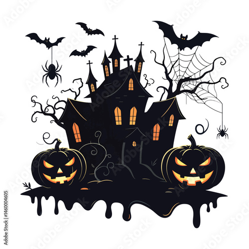 Dark Halloween Silhouette Design with Haunted House and Spiders