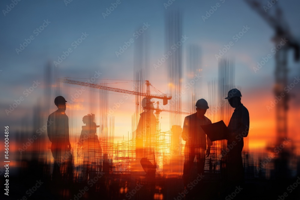 Fototapeta premium Construction workers silhouetted against a vibrant sunset.