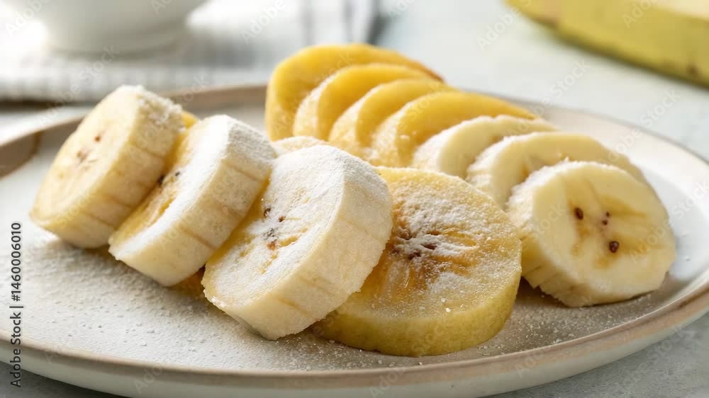 Sliced fresh banana arranged on a plate and lightly dusted with powdered sugar.
Sliced fresh banana arranged on a plate and lightly dusted with powdered sugar.