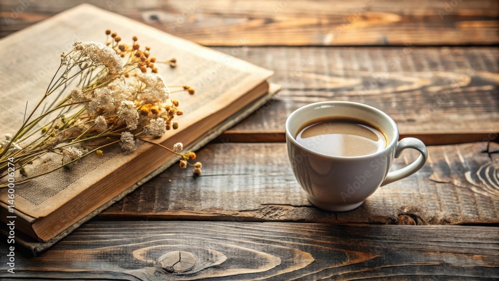 Fototapeta premium A Cup of Coffee and a Book on a Rustic Wooden Table with Dried Flowers