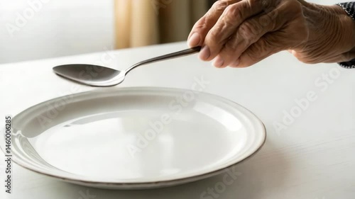 An elderly hand holding a spoon over an empty plate, symbolizing hunger and poverty.

