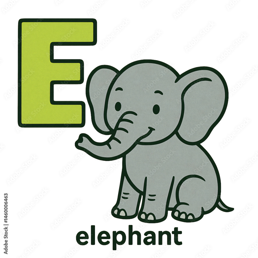 Obraz premium Alphabet Flashcard Letter E with Friendly Gray Elephant for Preschool and Toddler Learning