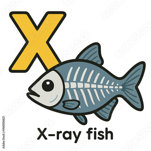 Alphabet Flashcard Letter X in Bold Black with Stylized X-Ray Fish – Preschool and Toddler Learning