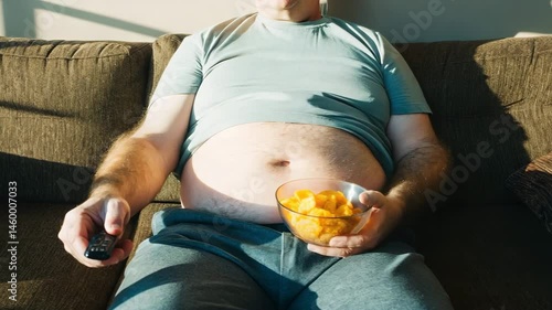 A man lounges on a sofa, holding a remote control and a bowl of snacks, wearing a t-shirt and sweatpants.


