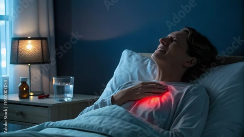 A woman lies in bed at night, holding her chest in discomfort, illuminated by a red glow, possibly indicating heart pain or distress.

