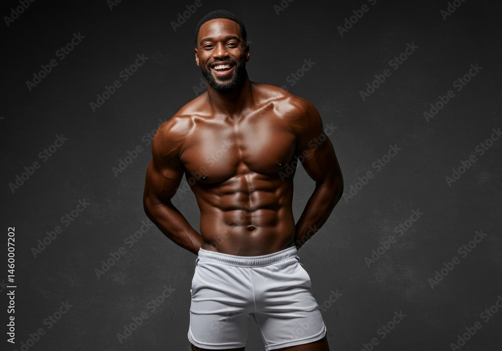 Man Smiling Showing Muscular Physique Against Gray Backdrop Man Smiling Showing Muscular Physique Against Gray Backdrop