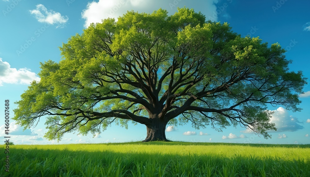 Fototapeta premium Majestic, large tree with sprawling branches in a lush green meadow under a vibrant blue sky on sunny day. Scenic rural landscape. Symbol of nature serenity, growth. Tranquil outdoor scene.