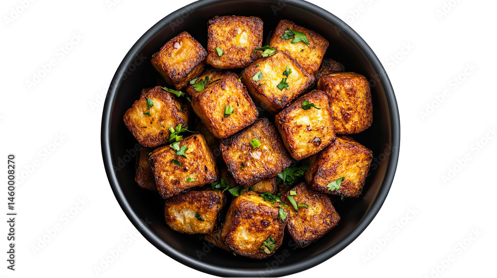 Crispy PanFried Tofu Cubes in a Black Bowl isolated on transparent background Crispy PanFried Tofu Cubes in a Black Bowl isolated on transparent background