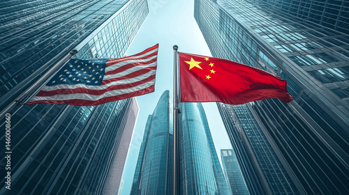 USA and China trade relations concept. National flags symbolizing economic tension, tariffs, and competition between two countries.