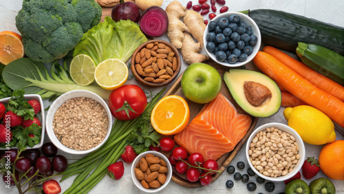 Fresh vegetables and fruits with salmon and nuts showcase vibrant anti inflammatory diet