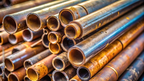A close-up view of a pile of rusty metal pipes, showcasing the circular openings and the rough texture of the oxidized surface.