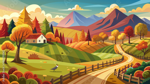 mountainous rural landscape in autumn. fields on rolling hills. fence along the path. trees in colorful foliage. wonderful scenery in afternoon with bright .