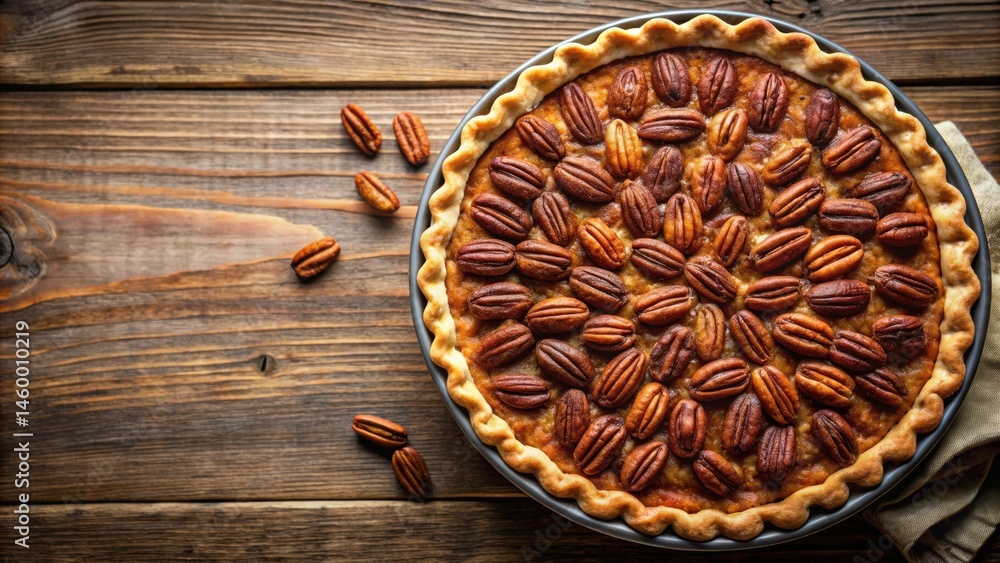 A golden pecan pie, with a flaky crust and a generous topping of toasted pecans, sits on a rustic wooden surface, ready to be enjoyed. A golden pecan pie, with a flaky crust and a generous topping of toasted pecans, sits on a rustic wooden surface, ready to be enjoyed.