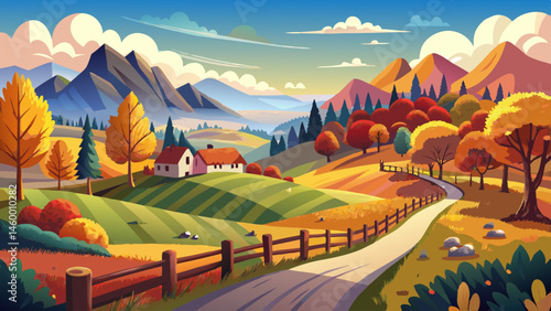 mountainous rural landscape in autumn. fields on rolling hills. fence along the path. trees in colorful foliage. wonderful scenery in afternoon with bright .