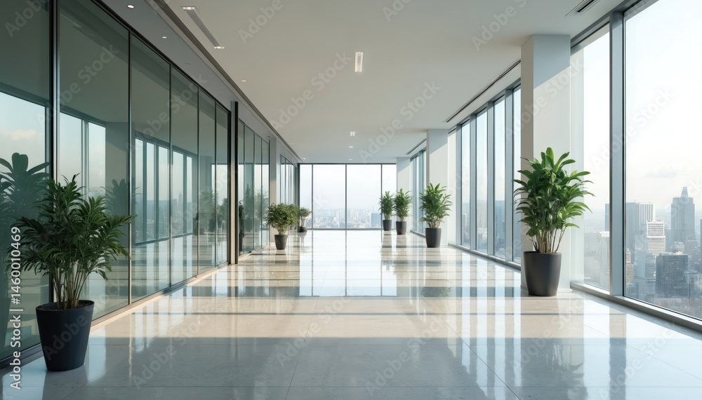 Fototapeta premium Modern office corridor with glass walls, city views. Light, airy, bright interior design. Interior design features elegant polished flooring, plants, sleek minimalist design. Corporate, commercial