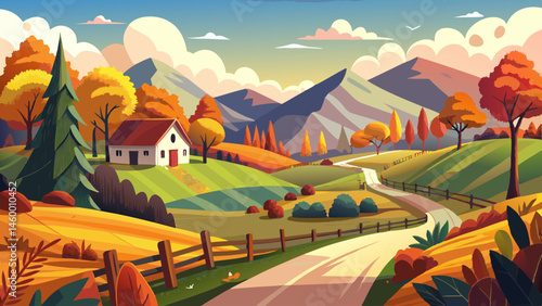 mountainous rural landscape in autumn. fields on rolling hills. fence along the path. trees in colorful foliage. wonderful scenery in afternoon with bright .