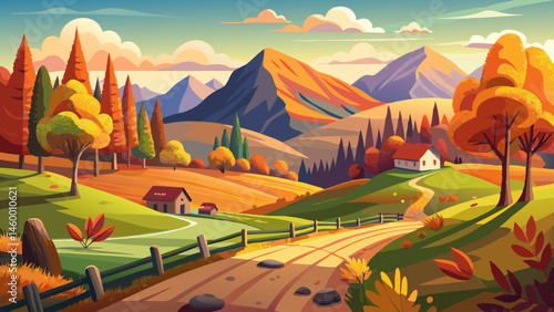 mountainous rural landscape in autumn. fields on rolling hills. fence along the path. trees in colorful foliage. wonderful scenery in afternoon with bright .