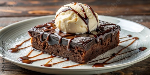 A decadent brownie topped with a scoop of vanilla ice cream, drizzled with rich chocolate sauce and a sprinkle of powdered sugar, resting on a white plate