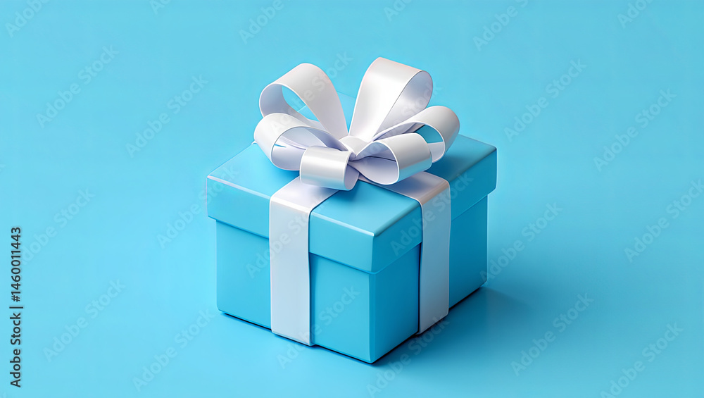 Obraz premium A vibrant blue gift box featuring a glossy white ribbon stands out against a soft blue backdrop, symbolizing joy and celebration for various occasions