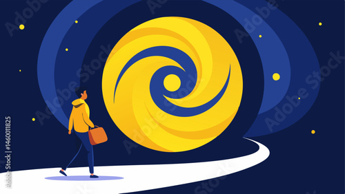 Luminous Gateway A starry night scene with a swirling bright yellow portal. A shopper is seen stepping in with a determined look ready to uncover holiday bargains in the virtual
