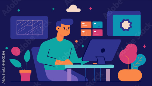 Generative Art Studio A graphic designer in a creative space with an AI program generating intricate designs and patterns that can be adjusted with simple sliders.