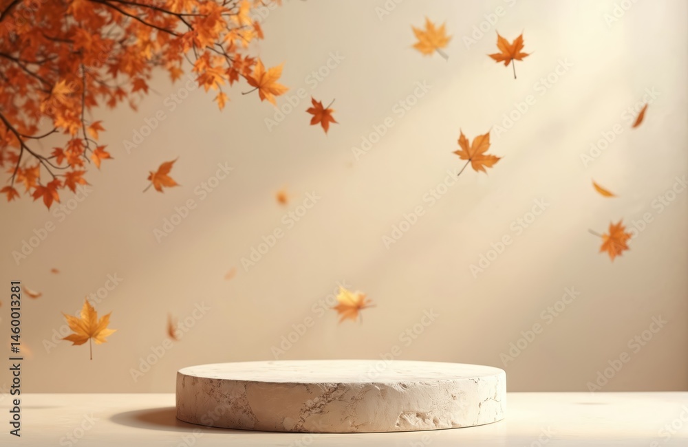 Stone podium with falling autumn leaves on beige background. Maple leaves, product showcase concept. Minimalist design, seasonal decor, space for brand. Autumn season, nature fall theme. Stone podium with falling autumn leaves on beige background. Maple leaves, product showcase concept. Minimalist design, seasonal decor, space for brand. Autumn season, nature fall theme.